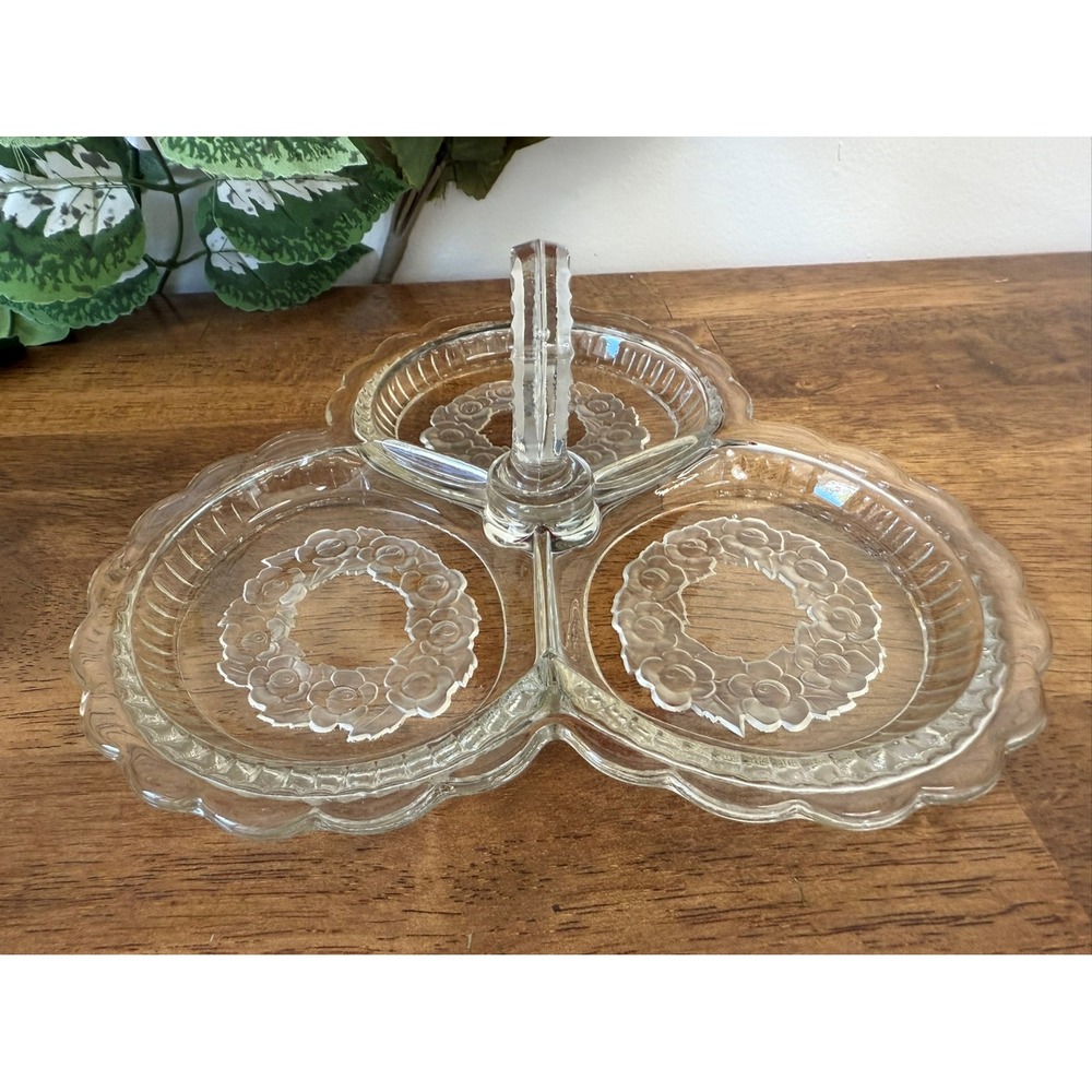 Vintage Clear Glass Divided Serving Dish with Floral Design‎ Handle